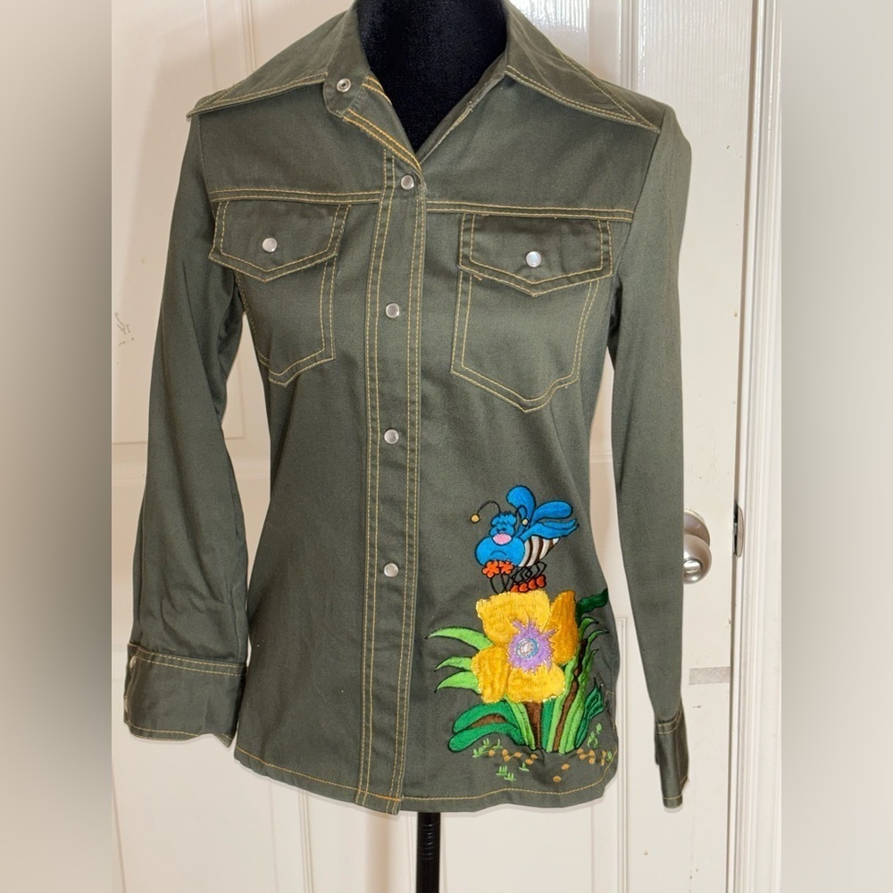 Vintage Ian By Shayne Blouse Shirt Top Size 9/10 Green Multi Embroidered Motif‌‌